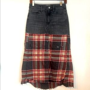 Upcycled grey denim and flannel boho skirt